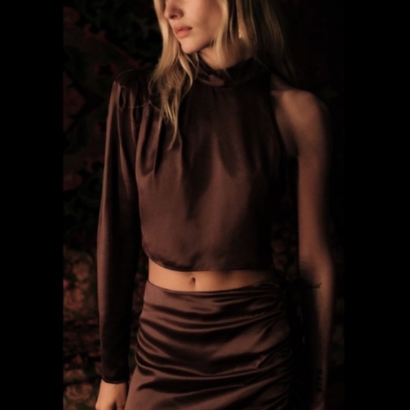 NWOT Zara Small Brown Satin Asymmetrical Top - Picture 3 of 11